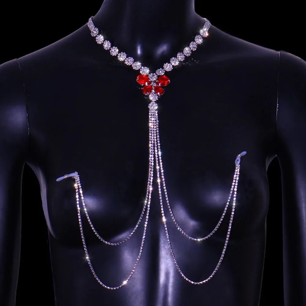 More Style Rhinestone Red Nipple Chain Non Pierced Body Jewelry