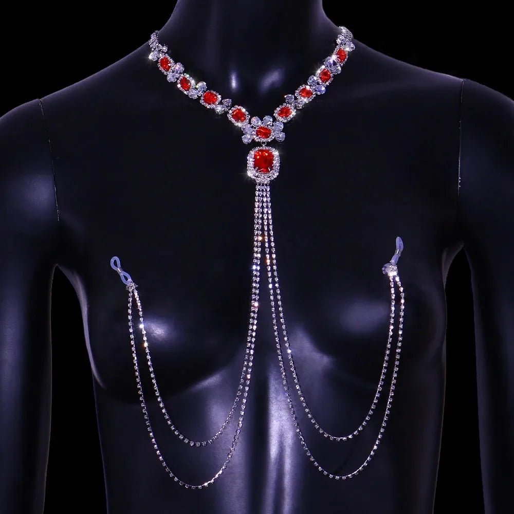 More Style Rhinestone Red Nipple Chain Non Pierced Body Jewelry