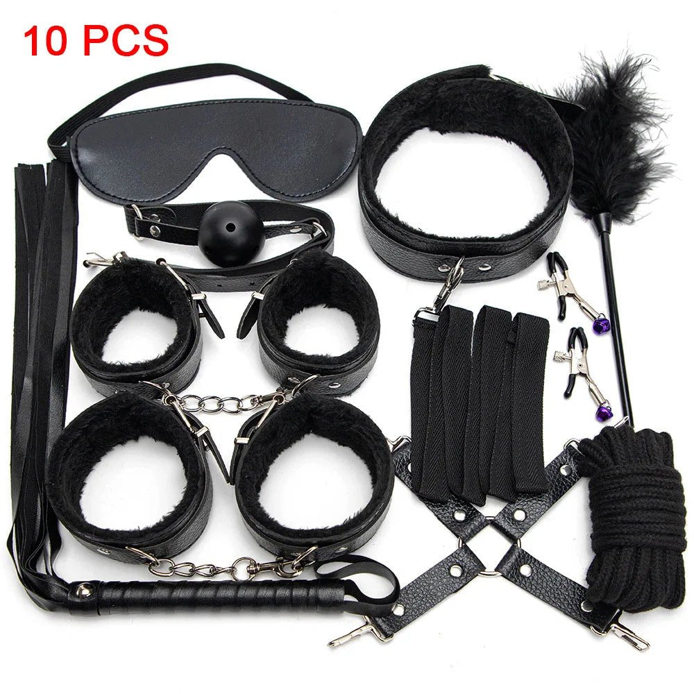 Sexy Leather BDSM Kits Plush Bondage Set for Couples Joy