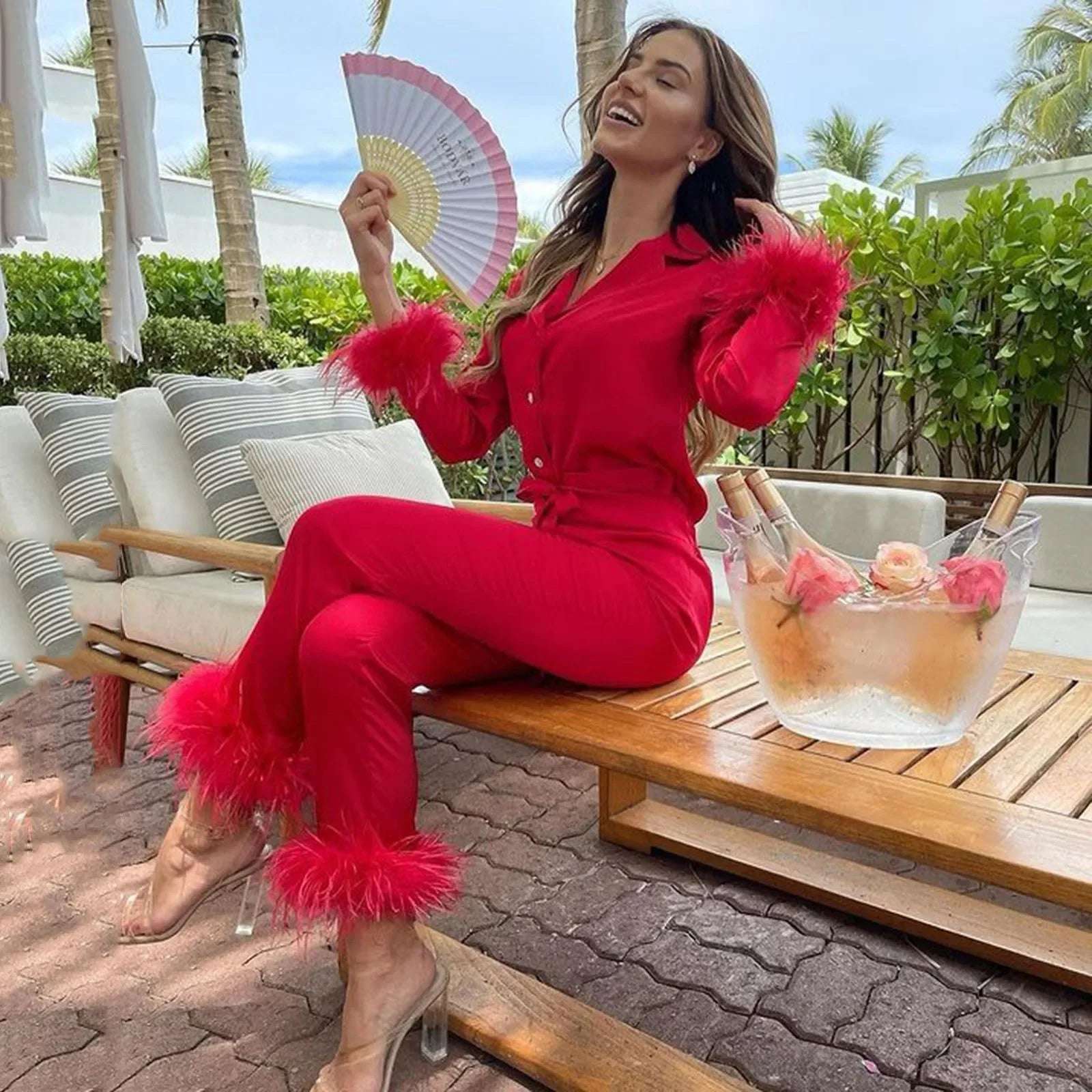 2Pcs Women Pajamas Set Spring Summer Casual Lapel Tops + Feather Pants Suits Sexy Lingerie Nightwear Silk Satin Pyjamas Homewear