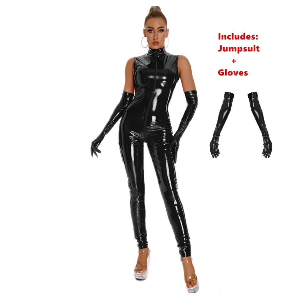 Hot Faux Leather Jumpsuit With Gloves Open Crotch Bodysuit