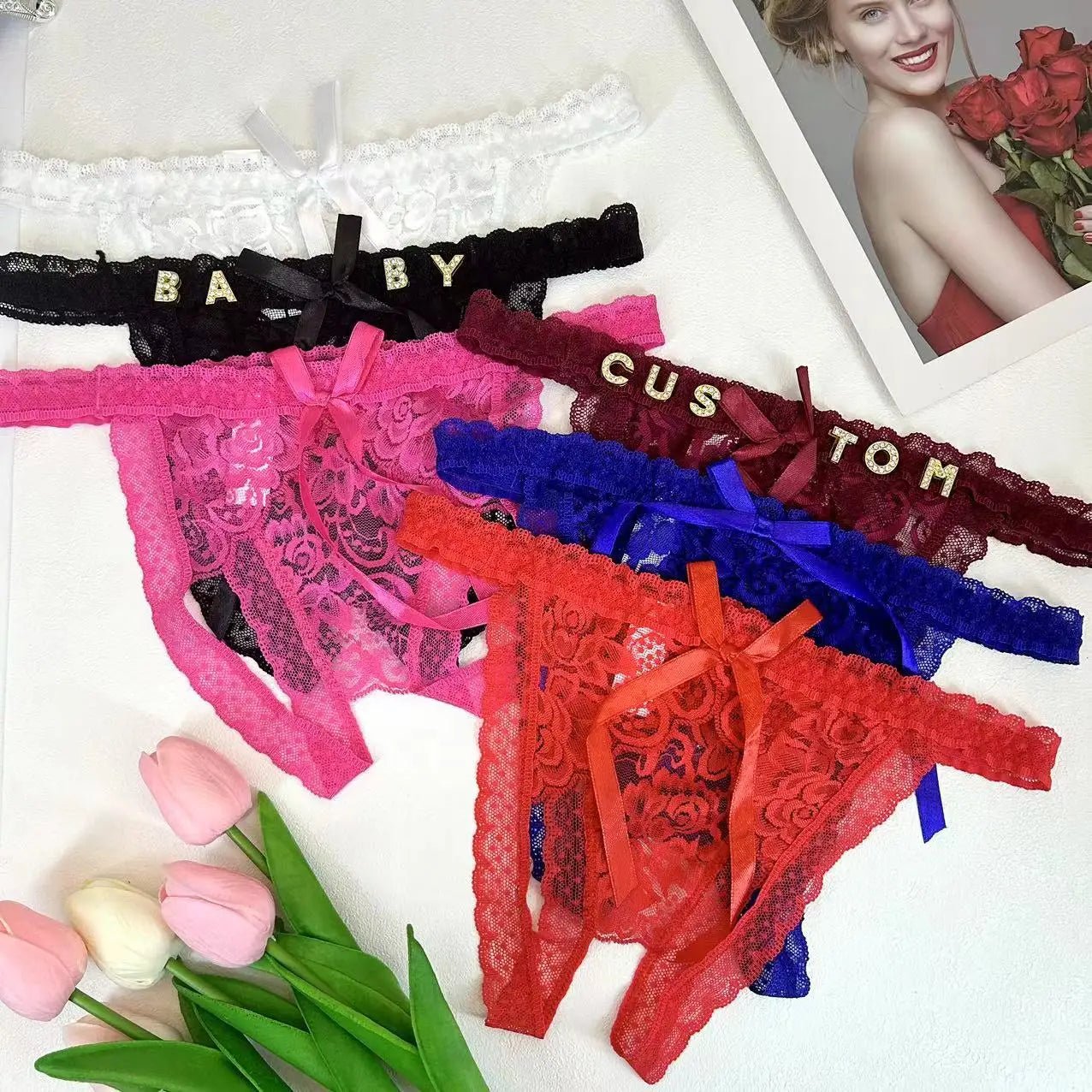 Custom Name Thong Sexy Lace Bowknot Panties For Women