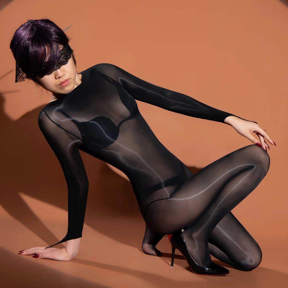 Shiny High Cut Patchwork Hook Finger Bodystocking Catsuit