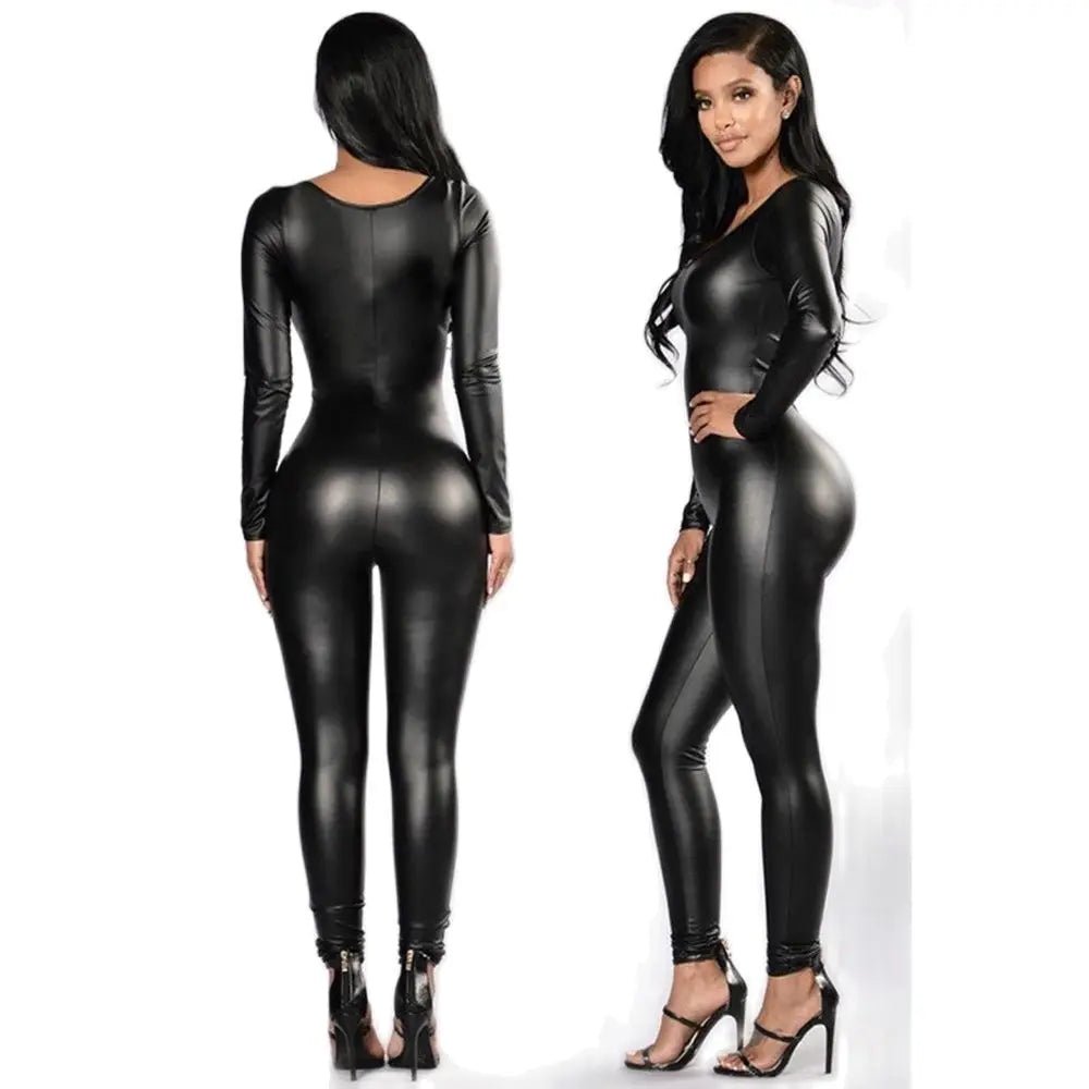 Woman PU Leather Jumpsuit Long Sleeve Catsuit Tights Lingerie