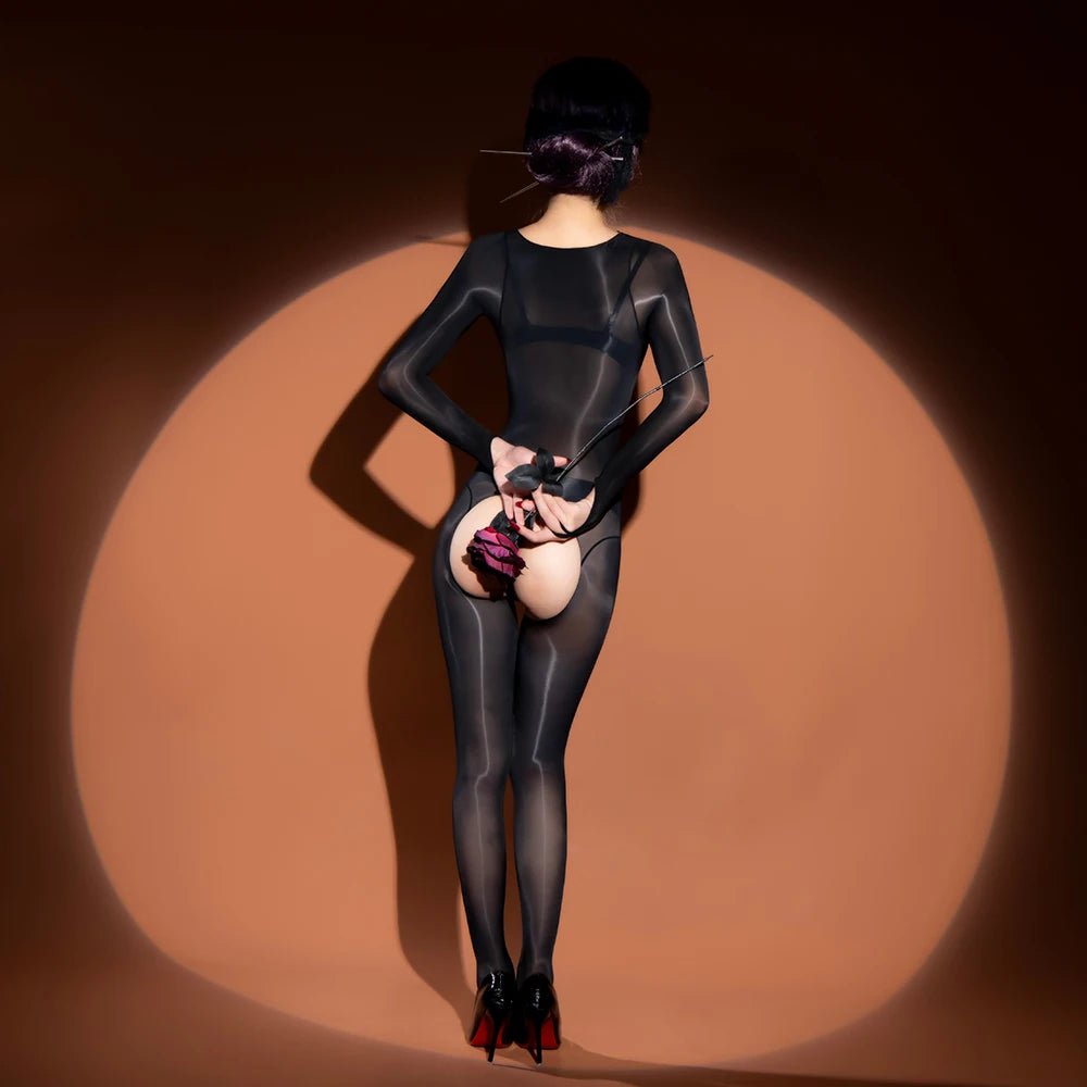 Shiny High Cut Patchwork Hook Finger Bodystocking Catsuit