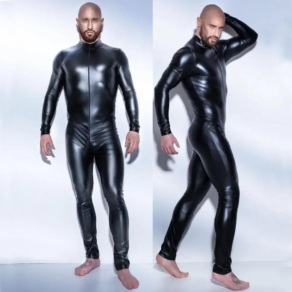 Combinaison en latex pour homme, effet mouillé, en similicuir et maille