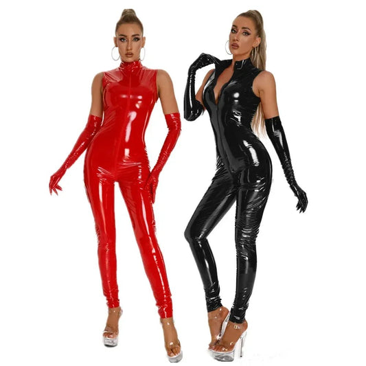 Hot Faux Leather Jumpsuit With Gloves Open Crotch Bodysuit