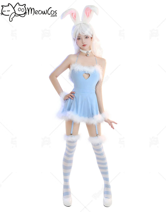 Women Bunny Girl Sexy Lingerie Set Blue Furry Heart Bodysuit with Skirt and Stockings