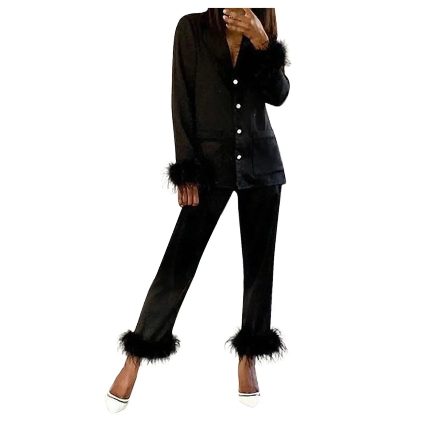 2Pcs Women Pajamas Set Spring Summer Casual Lapel Tops Feather Pants Suits
