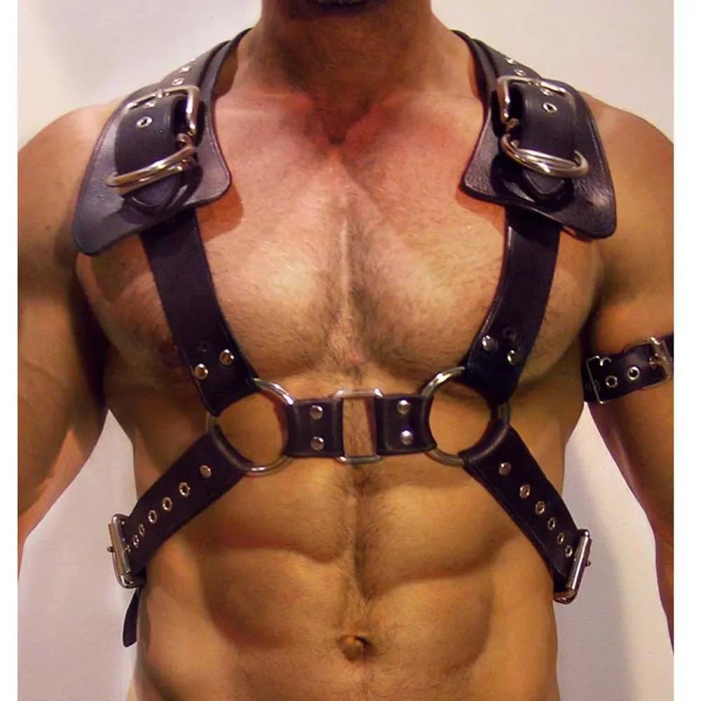 Sexy Men Faux Leather Chest Harness with Buckles and Armors