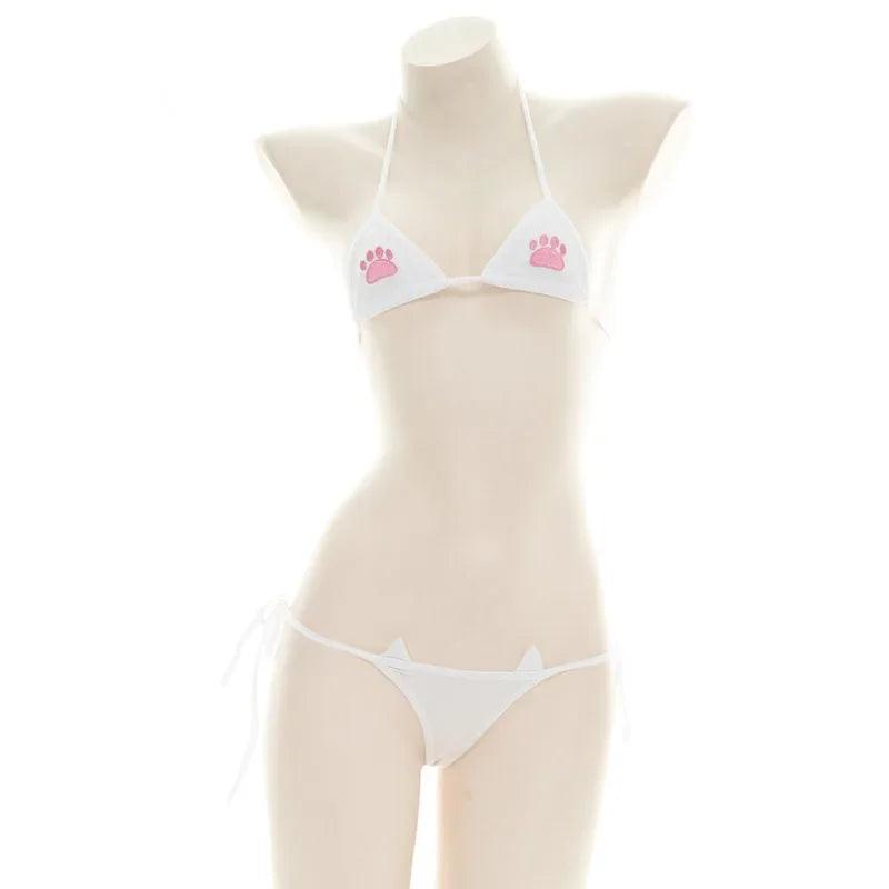 Sexy Womens Summer Cat Paw Embroidered Mini Bikini Set