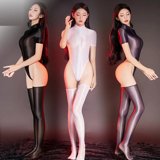Sexy Thin High Cut Bodysuit with Long Stockings Lingerie