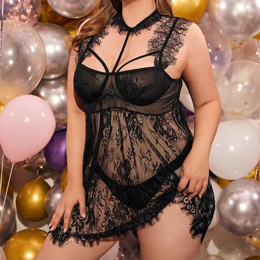 Sexy Large Size Nightgowns Lingerie Sleepwear Lace Temptation Nightwear