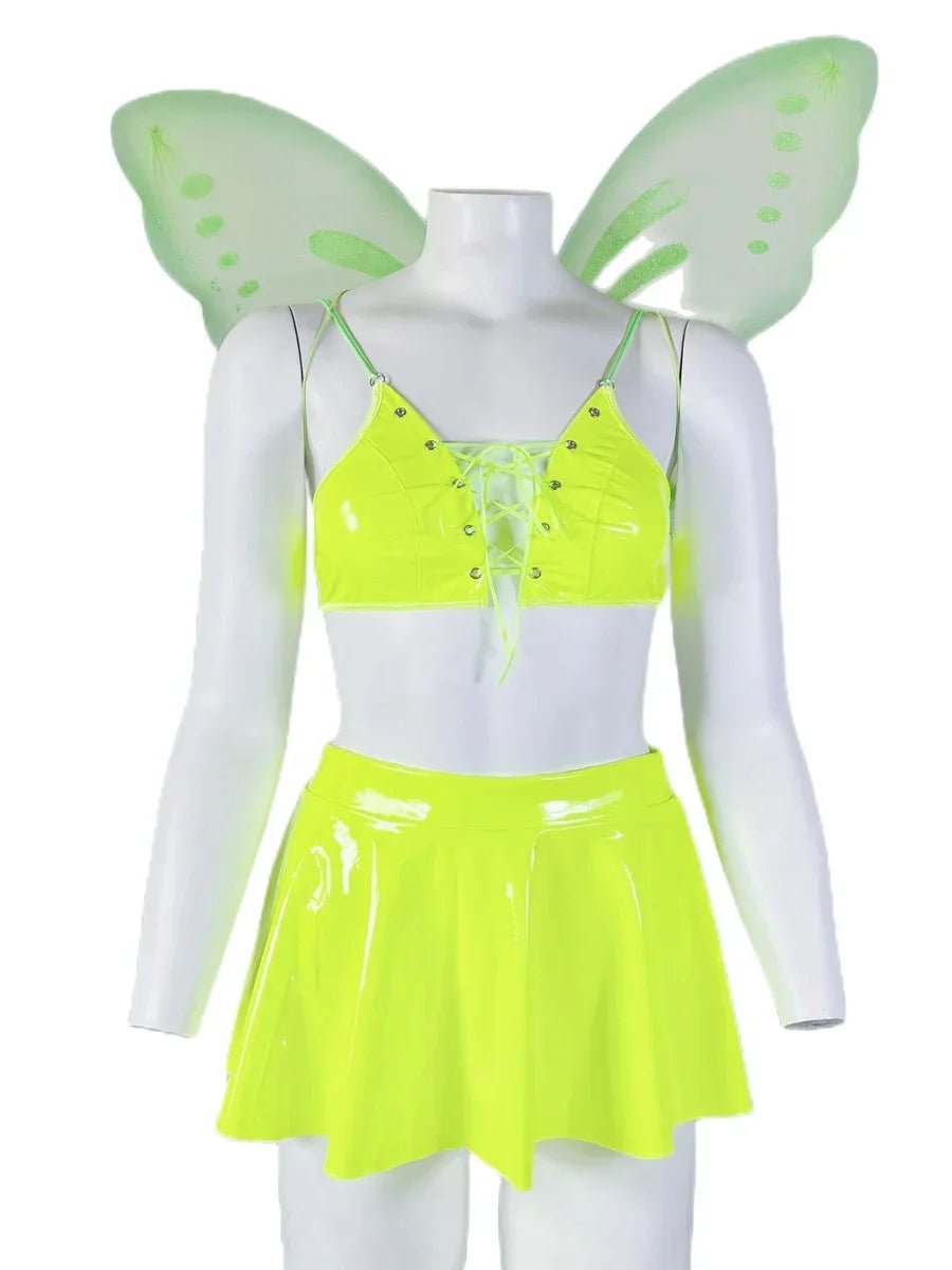 Erotic Pu Leather Neon Green Lace-up Bra Top Mini Skirt Set