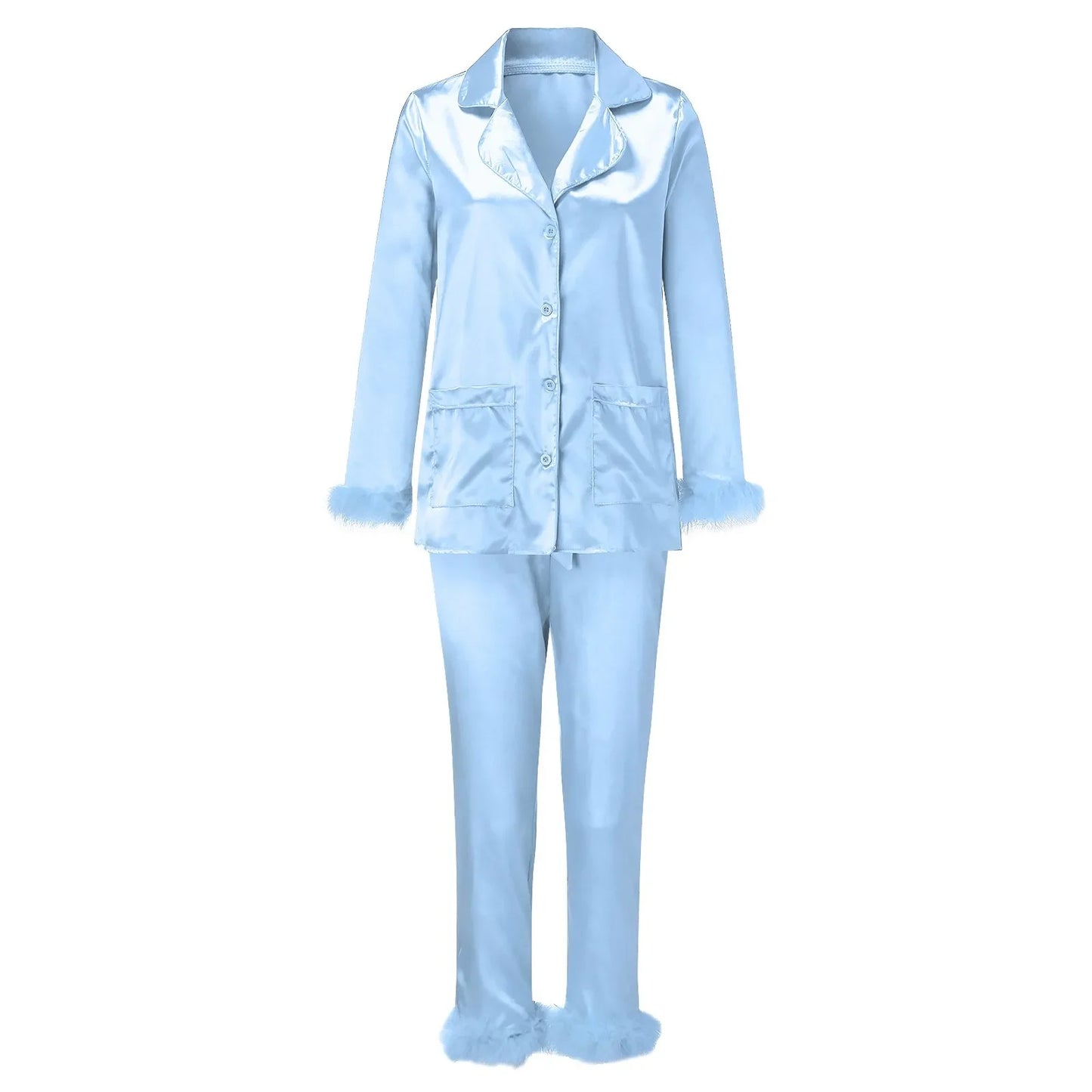 2Pcs Women Pajamas Set Spring Summer Casual Lapel Tops Feather Pants Suits