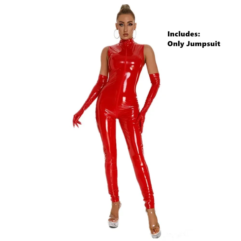 Hot Faux Leather Jumpsuit With Gloves Open Crotch Bodysuit