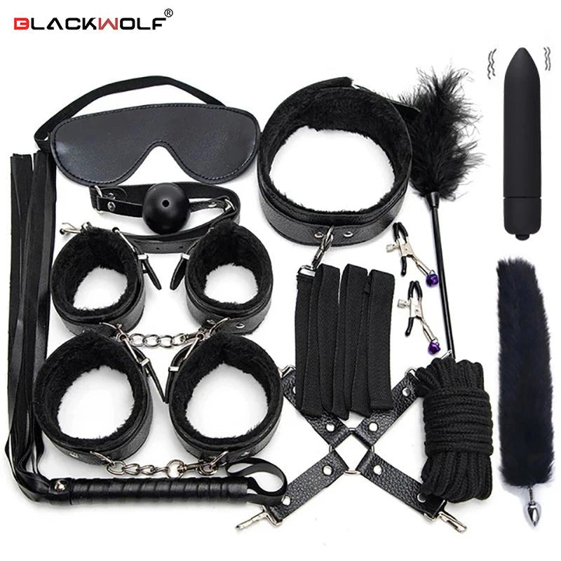 Sexy Leather BDSM Kits Plush Bondage Set for Couples Joy