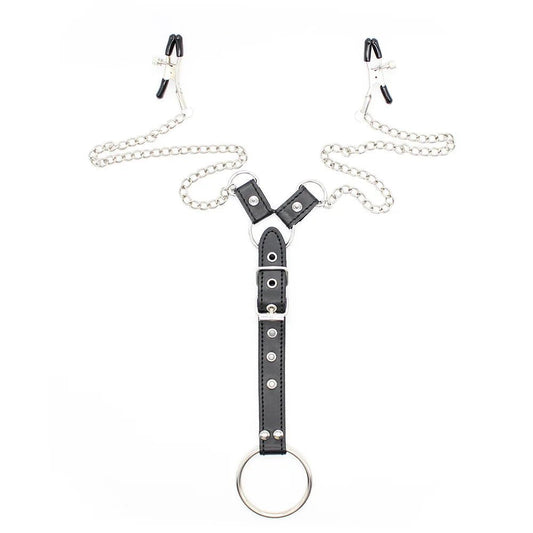 Sexy PU Leather Cock Ring With Nipple Clamp Chain SM Toys