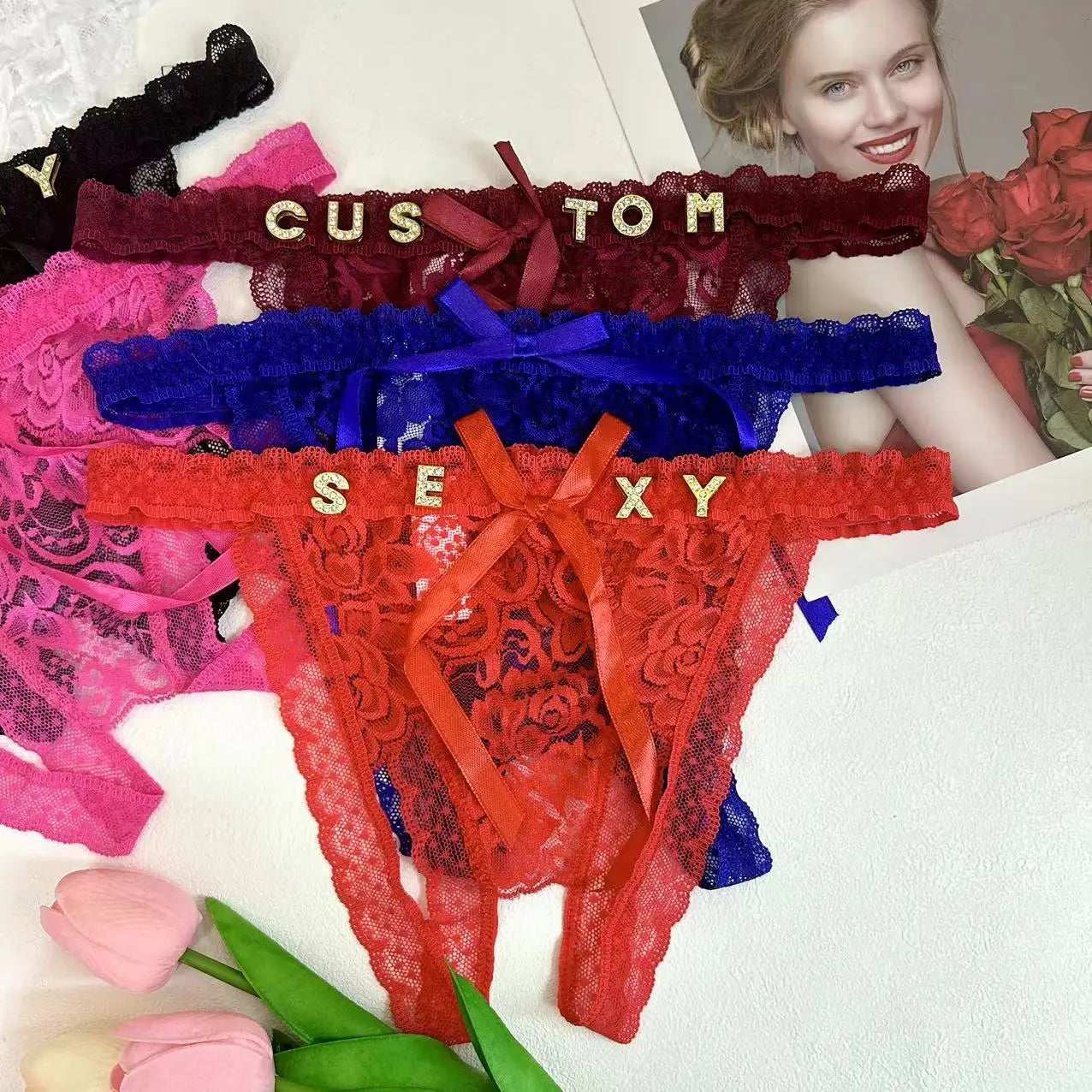 Custom Lace Bowknot Thong For Women Personality Crystal letter Underwear Customize Hotwife Sexy Lingerie Wife DIY Gifts Panties