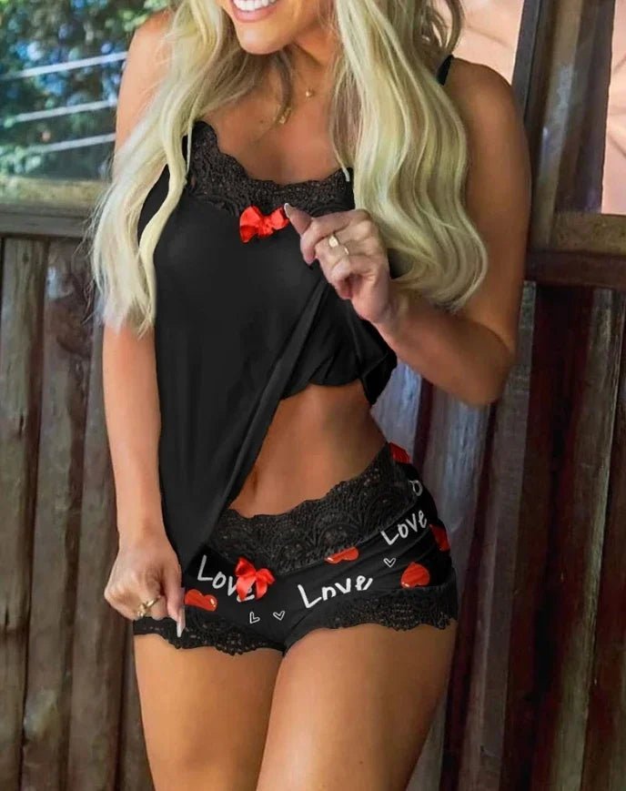 Plus Size Sexy Women Lingerie Set Heart Print Lace Pajamas