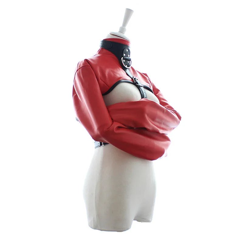 Women Black Red Sexy Open Breast Cupless Leather Bondage Strait Jacket