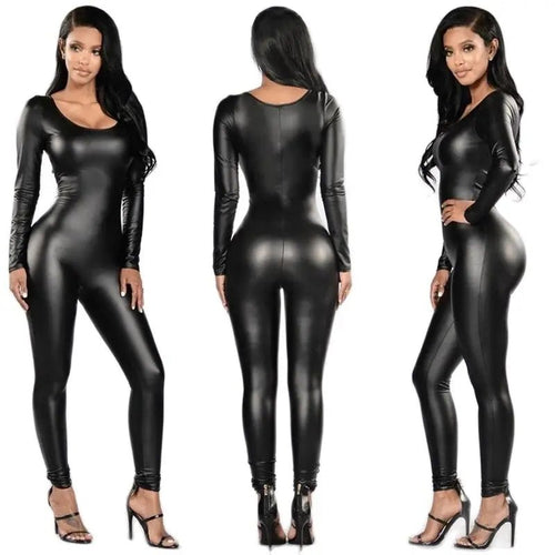 Woman PU Leather Jumpsuit Long Sleeve Catsuit Tights Lingerie