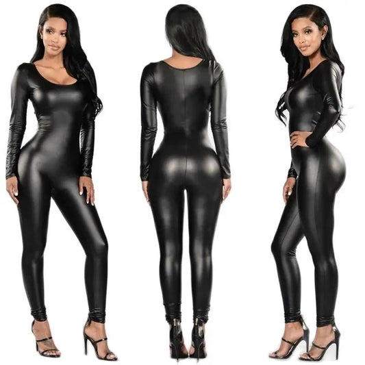 Woman PU Leather Jumpsuit Long Sleeve Catsuit Tights Lingerie