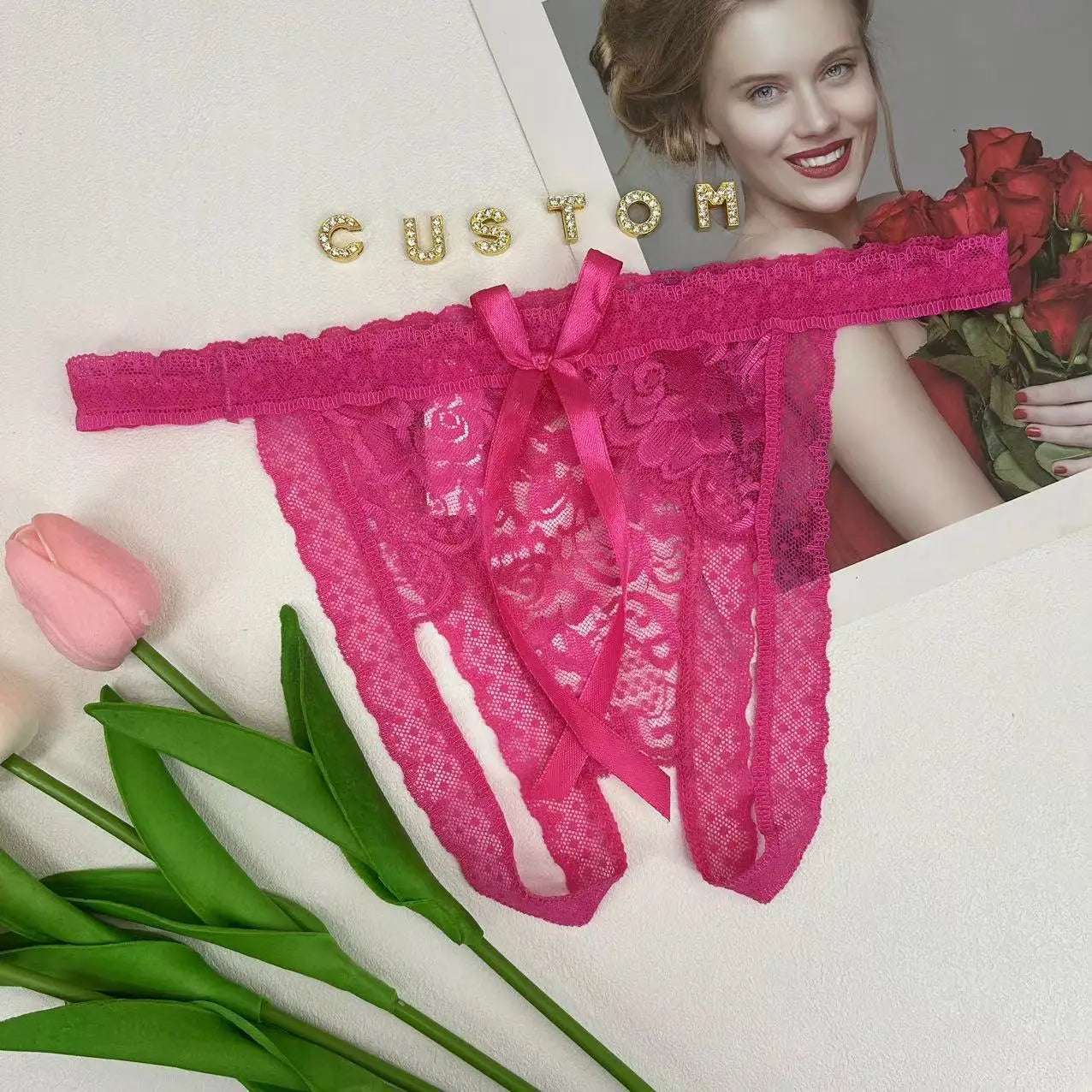 Custom Lace Bowknot Thong For Women Personality Crystal letter Underwear Customize Hotwife Sexy Lingerie Wife DIY Gifts Panties