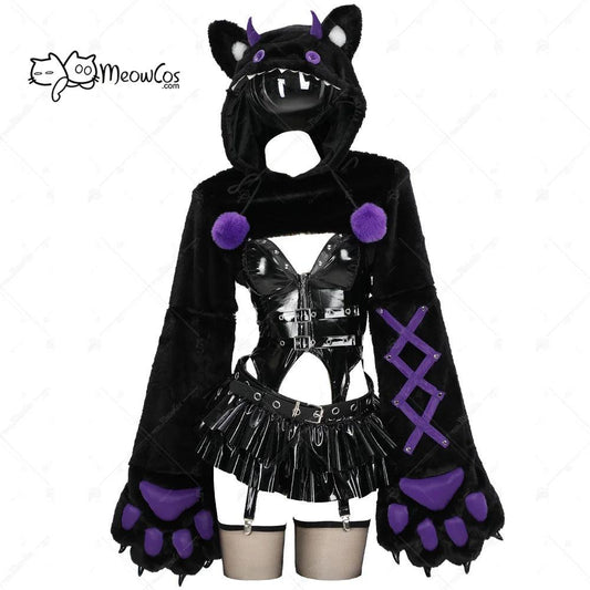 MEOWCOS Women Gothic Sexy Lingerie Set with Hoodie Gloves