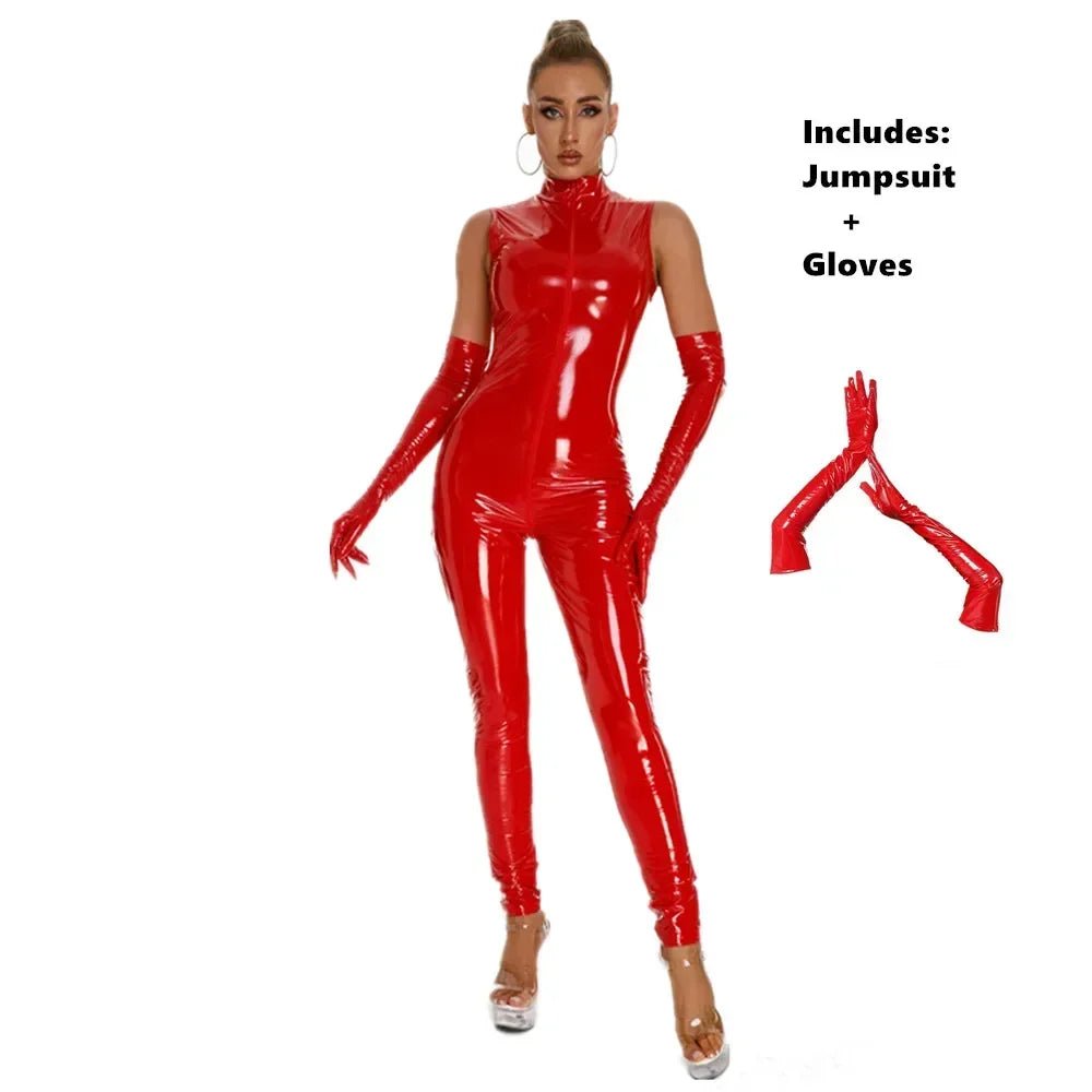 Hot Faux Leather Jumpsuit With Gloves Open Crotch Bodysuit