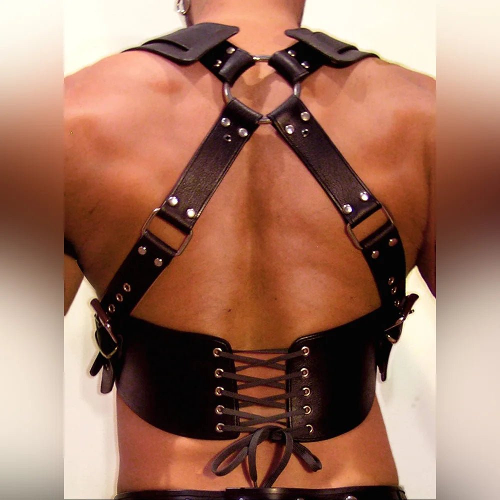 Sexy Men Faux Leather Chest Harness with Buckles and Armors