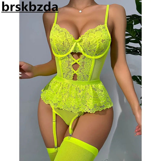 Brskbzda New Bodysuit Neon Green With Stockings Sexy Lingerie