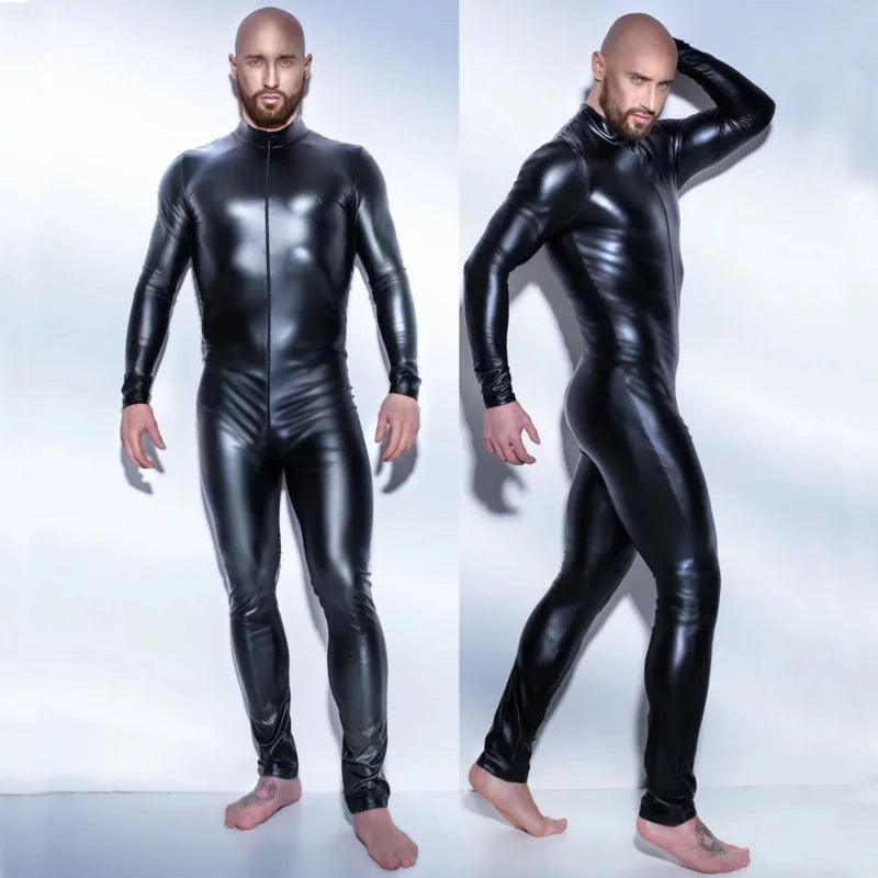 Combinaison en latex pour homme, effet mouillé, en similicuir et maille