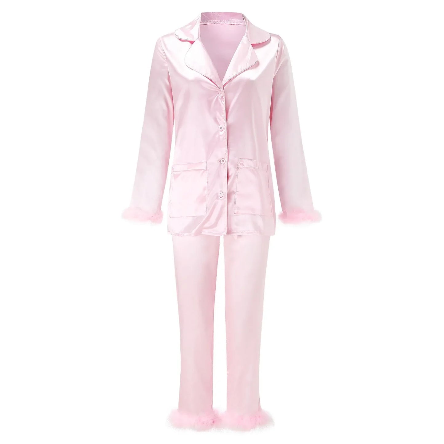 2Pcs Women Pajamas Set Spring Summer Casual Lapel Tops Feather Pants Suits
