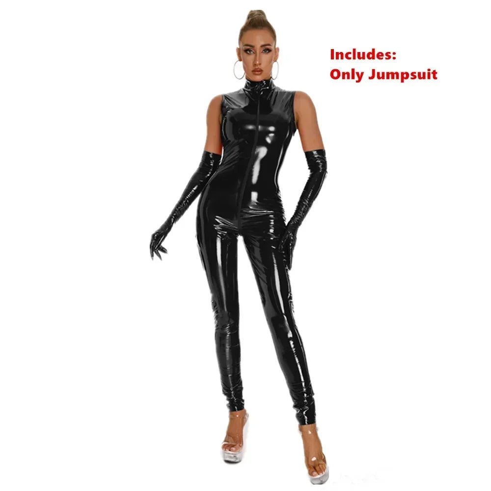 Hot Faux Leather Jumpsuit With Gloves Open Crotch Bodysuit
