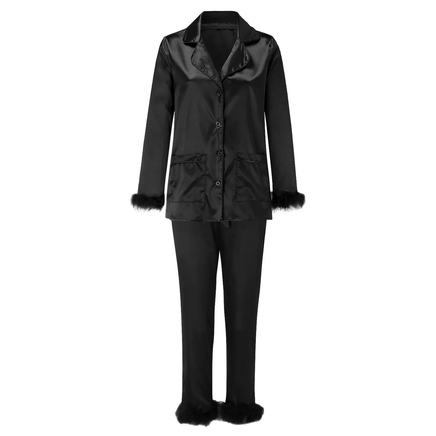 2Pcs Women Pajamas Set Spring Summer Casual Lapel Tops Feather Pants Suits