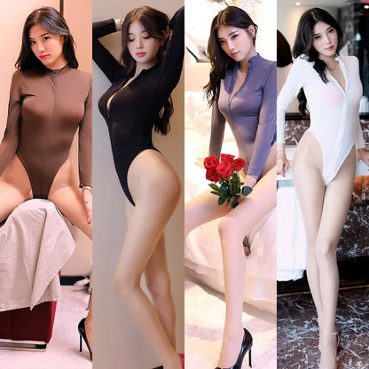 Zipper Open Crotch Bodysuit Long Sleeves Jumpsuit for Women
