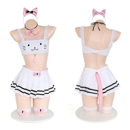 Ensemble de sous-vêtements en dentelle Lolita pour filles mignonnes avec oreilles de chat, uniforme d'écolière