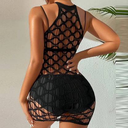 Sleepwear Women Sexy Hollow Shiny Fishnet Bodysuit Dress