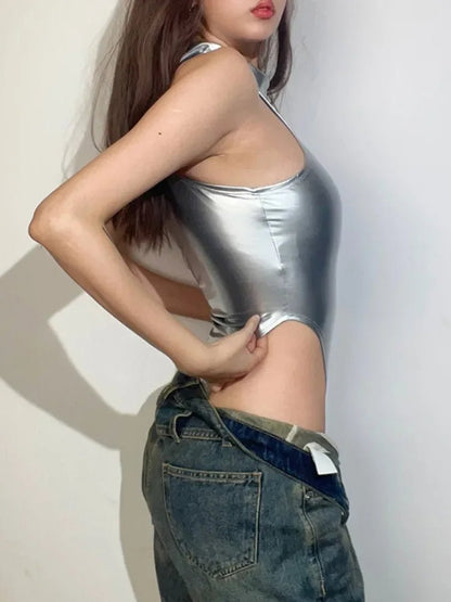 O-Neck Fashion Corset Top One-Pieces Women Clothing Silver Sexy Bodysuit