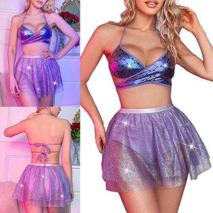 Women Metallic Shiny Outfit Underwear Sexy Bunny Lingerie Set