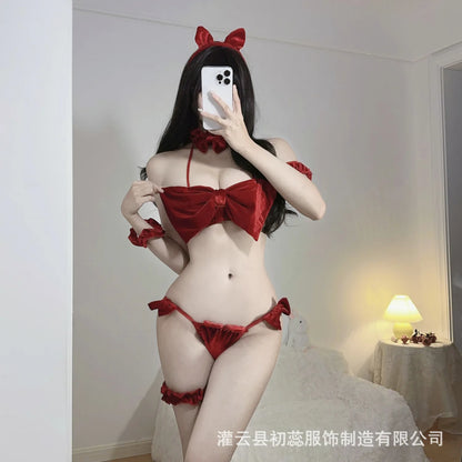 Fashion Sexy Women Tops Bodysuit Golden Velvet Bow Set FET4