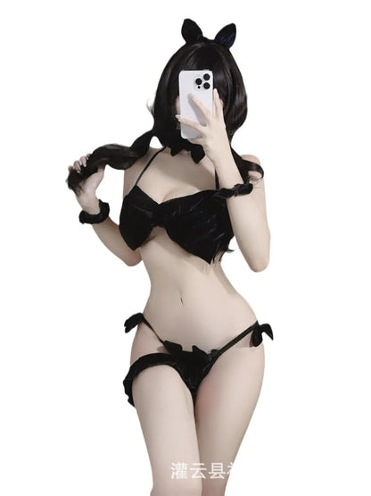 Fashion Sexy Women Tops Bodysuit Golden Velvet Bow Set FET4