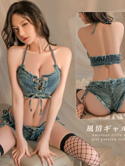 New Lingerie Women's Low Rise Shorts Sexy Denim Set PVDZ