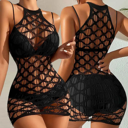 Sleepwear Women Sexy Hollow Shiny Fishnet Bodysuit Dress