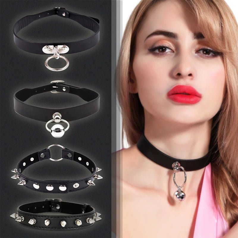 Sexy Leather Punk Rivets Necklace For Fetish Role Play Gift