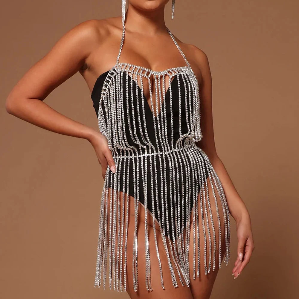 Stonefans Sexy Rhinestone Body Dress Harness Bodysuit