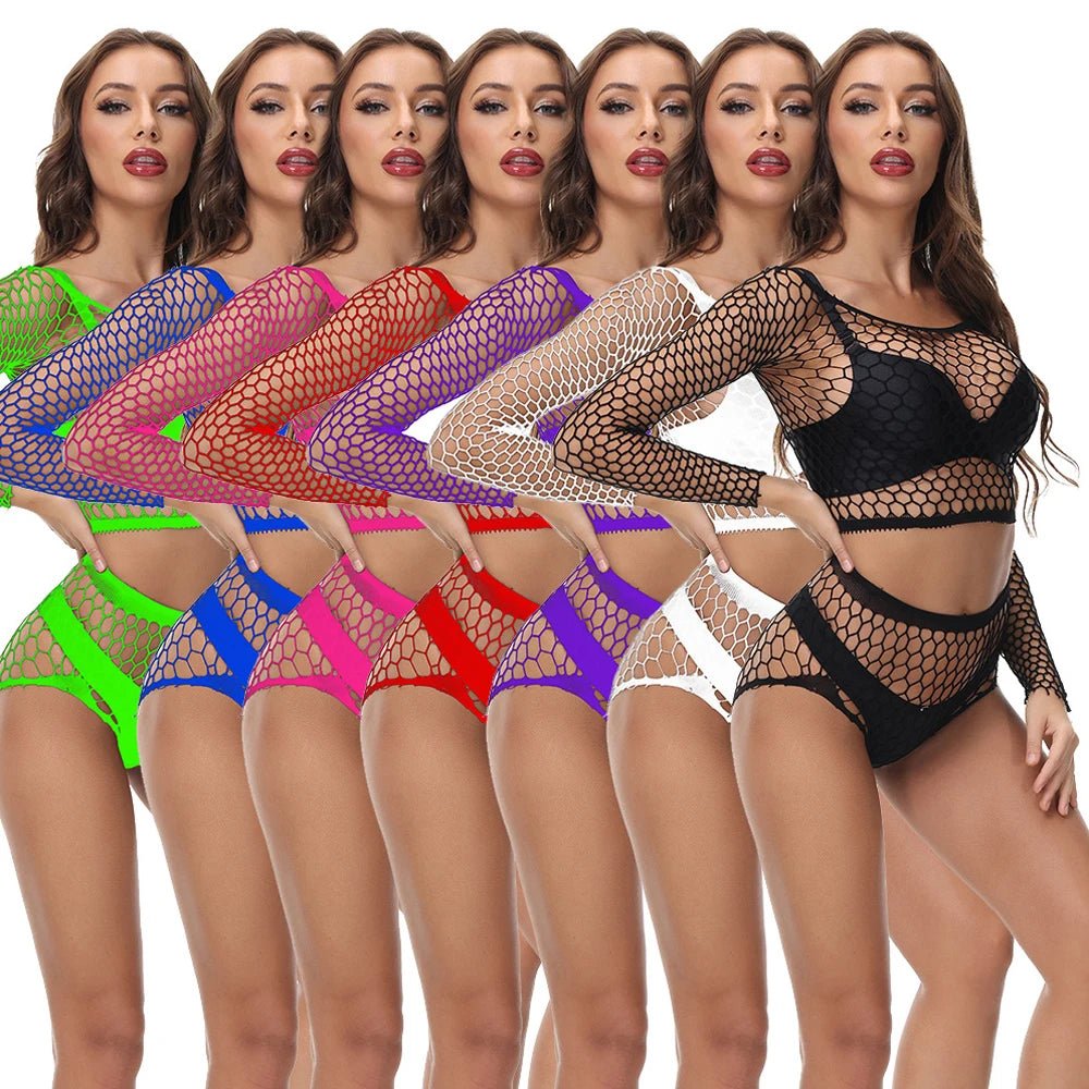 Sexy Fishnet Exotic Women Bodysuit Long Sleeve Teddy