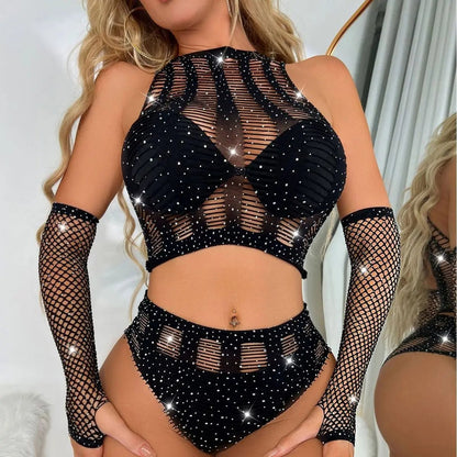 See Through Mesh Hollow 3 Piece Set Transparent Beachwear Lingerie