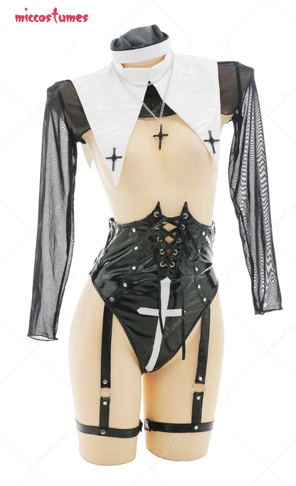 Ensemble de lingerie pour femme, combinaison de nonne, body moulant à poitrine ouverte